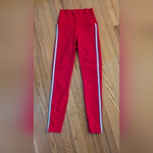 Stylish Red Leggings with Blue Stripes